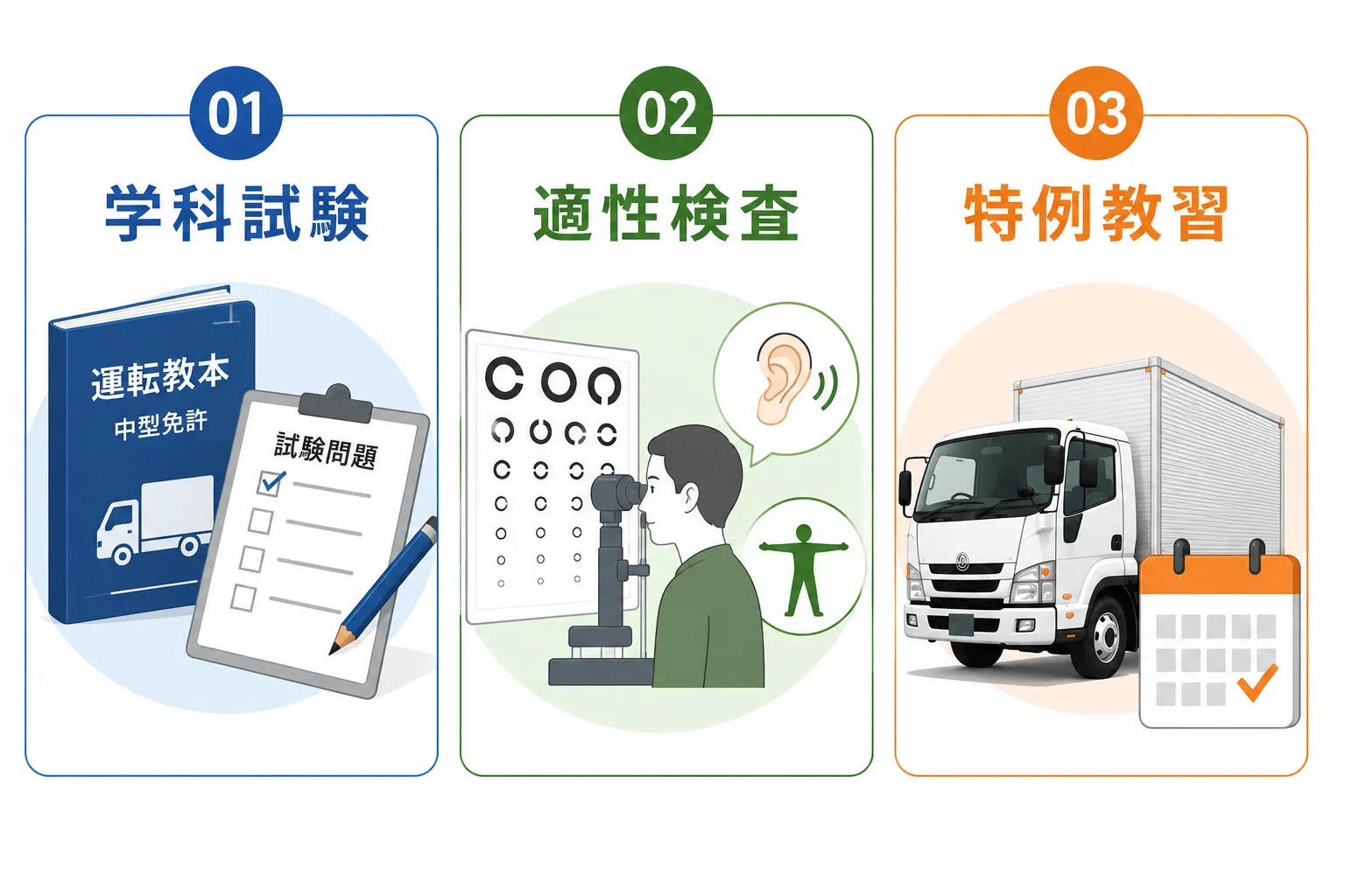 中型免許の学科試験・適性検査・特例教習を解説