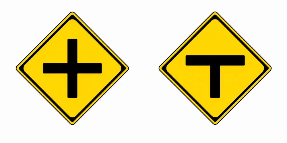 警戒標識：十形・T形道路交差点あり