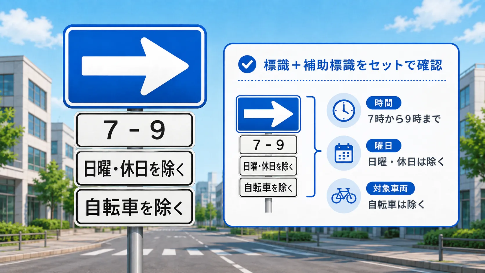 一方通行の時間指定・補助標識の見方